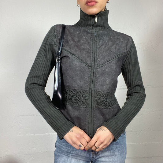 Vintage 90's College Girl Grey Zip Up Sweater with Crochet Bands Detail (S/M)