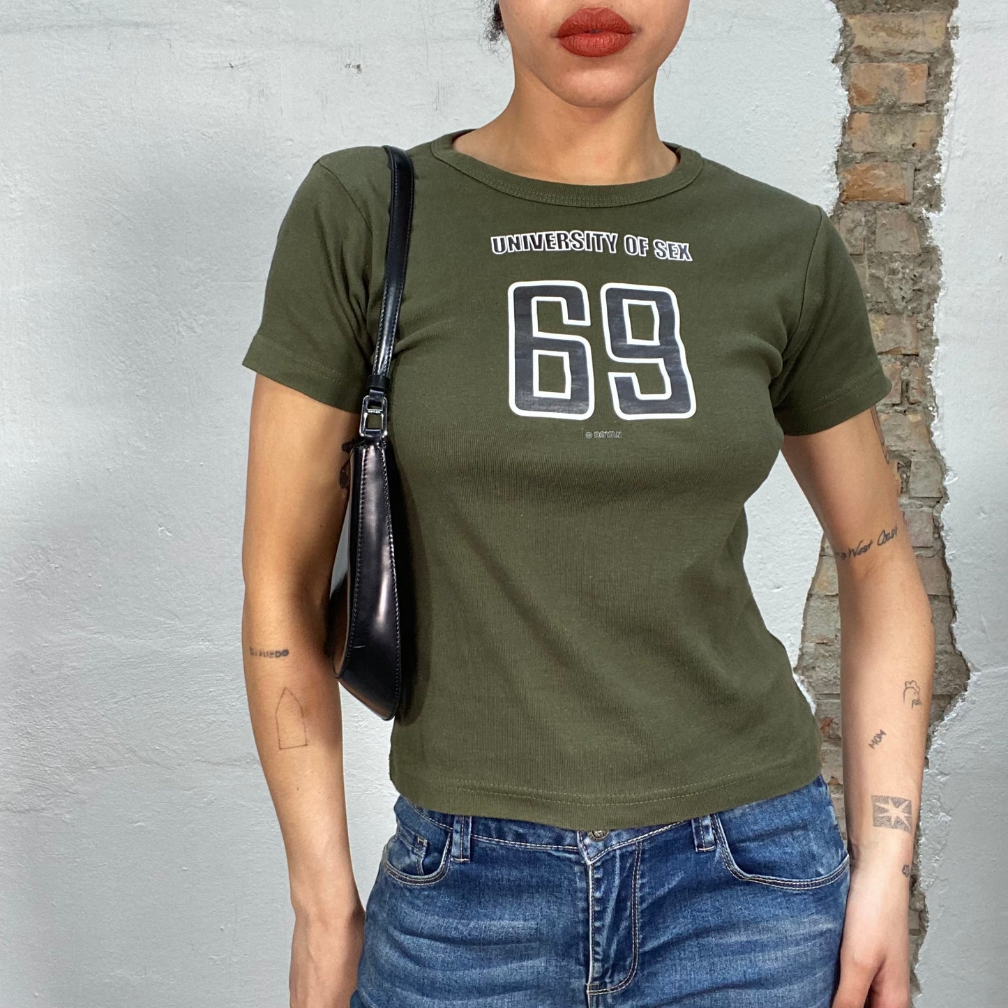 Vintage 2000's Funky Khaki Baby Tee with 'University of Sex 69' Print (S)