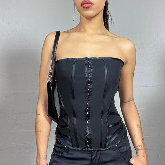 Vintage 2000's Whimsigoth Black Strapless Corset Top with Satin Lace Up Detail (XS)