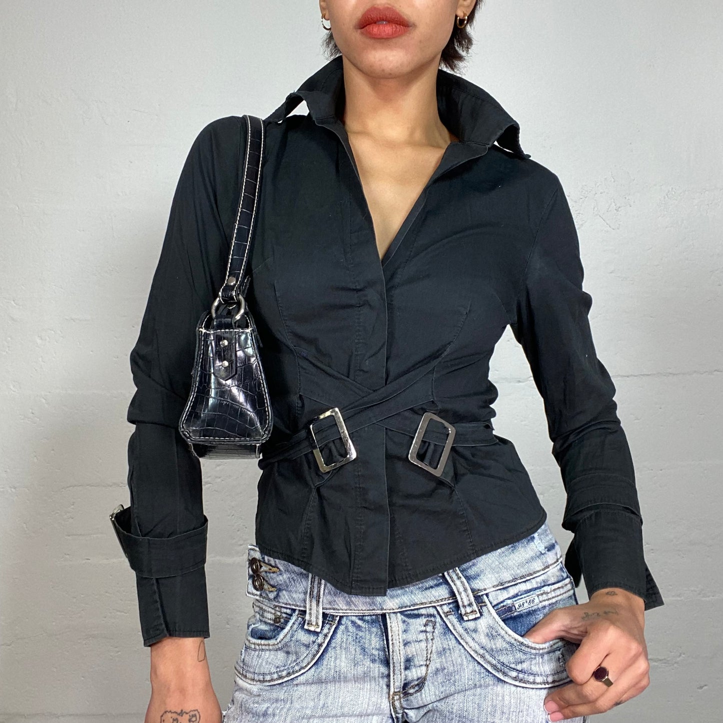 Vintage 2000's Model Off Duty Black Longsleeve Button Up Shirt with Crossed Silver Buckle Detail (S)