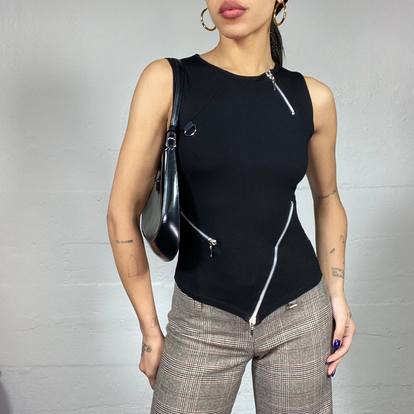 Vintage 2000's Rave Black Top with Silver Crossed Zips Detail (S)