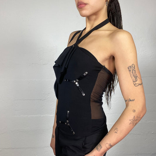 Vintage 2000's Clubwear Black Neckholder Top with Frilled Collar and Faux Leather Decorative Motives (S)