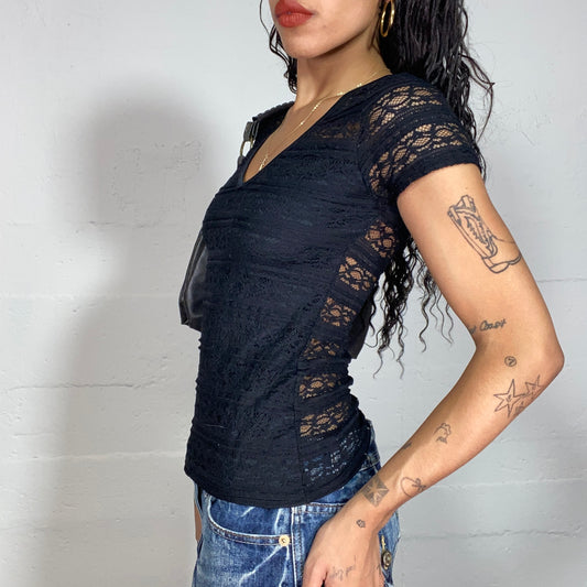 Vintage 2000's Morgan Black Soft Girl Black Top with Mesh Decorative Back (S)