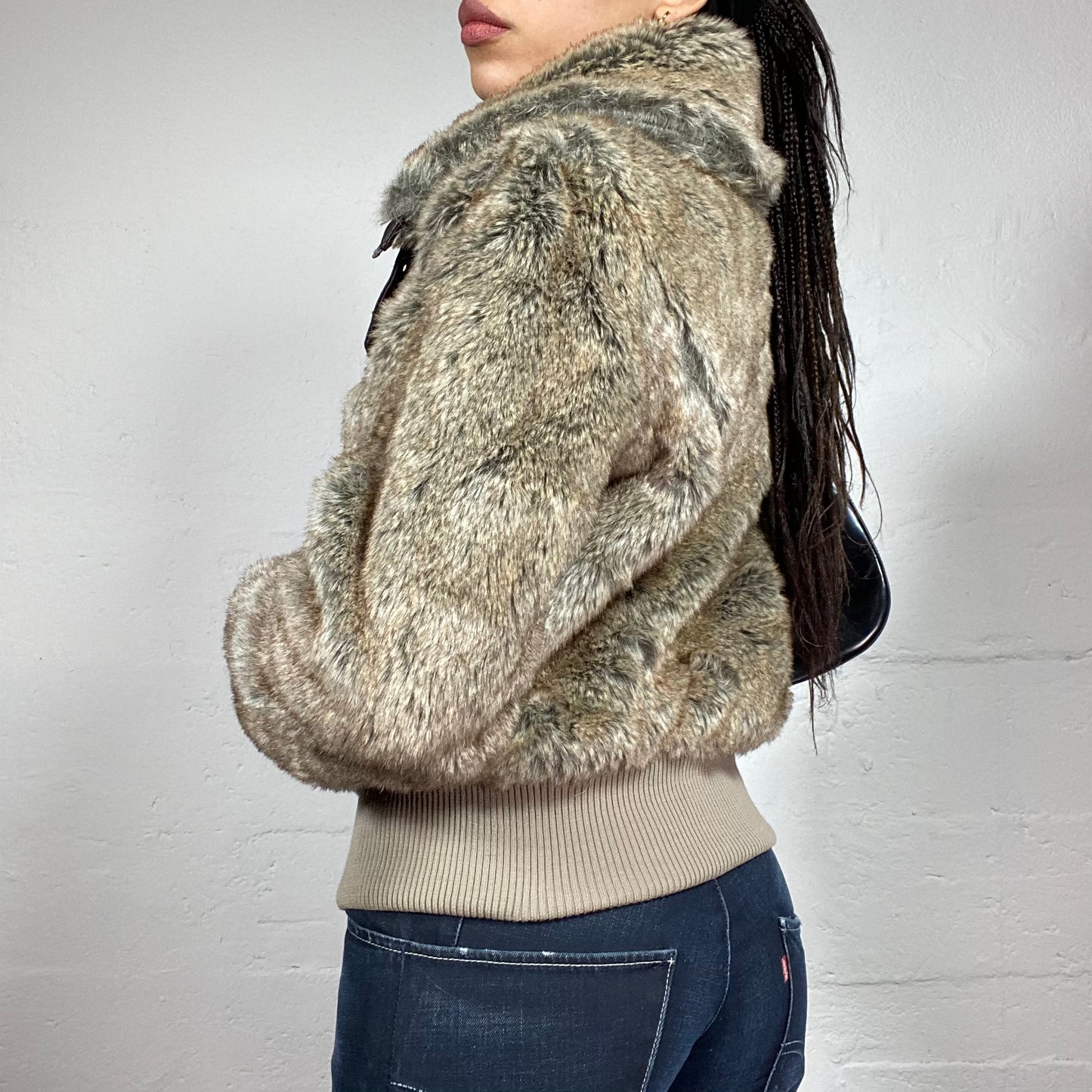 Vintage 2000's Downtown Girl  Faux Fur Brown Bomber Jacket with Faux Leather Trims (M)