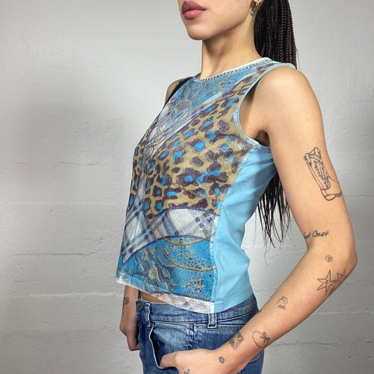 Vintage 90's Janice Blue Corset Top with Mixed Cheetah and Checkered Print (M)