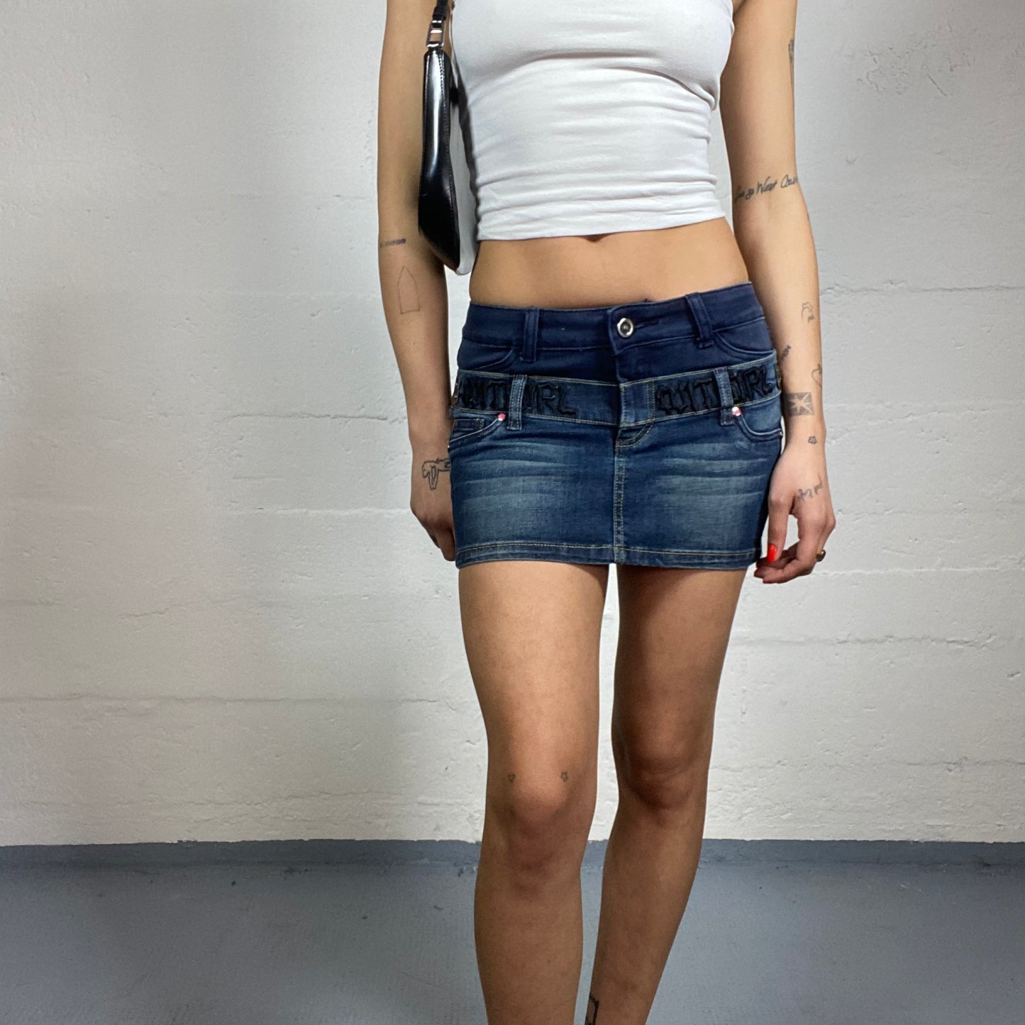 Vintage 2000's Rave Girl Dark Denim Mini Skirt with Double Part Layer Detail (S/M)