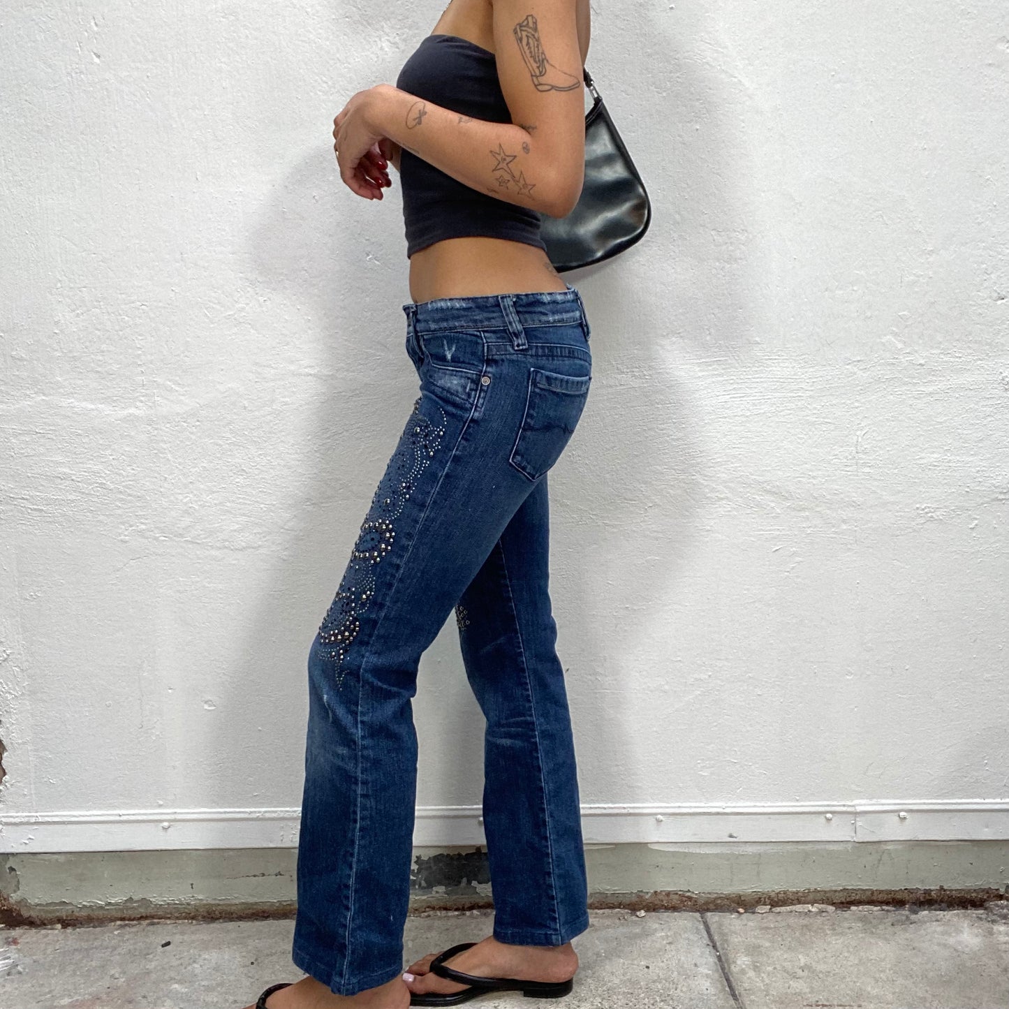 Vintage 2000's City Girl Dark Wash Straight Leg Jeans with Silver and Black Stud Detail (S)