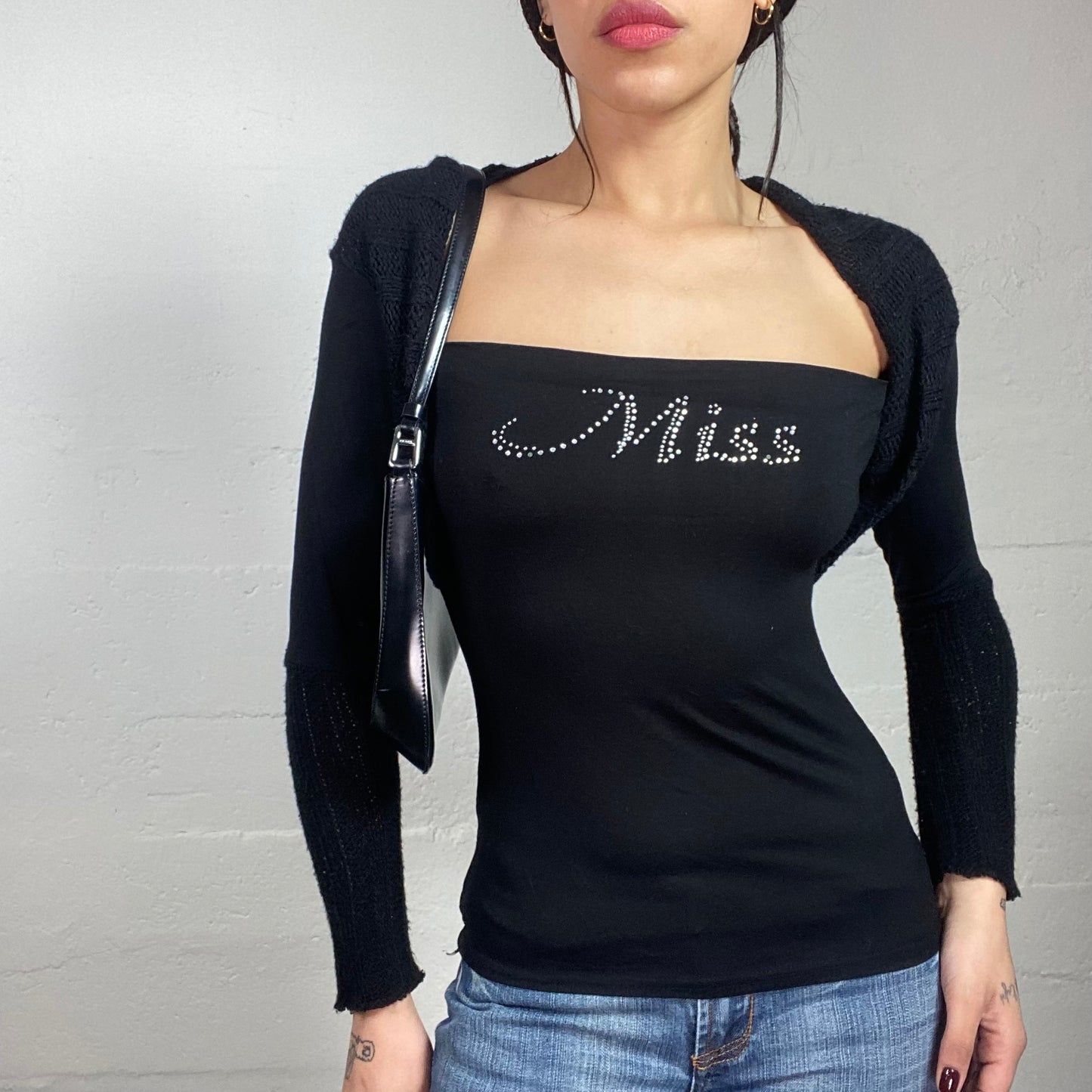 Vintage 2000's Guido Black Layered Longsleeve Top with 'Miss' Strass Print (S)