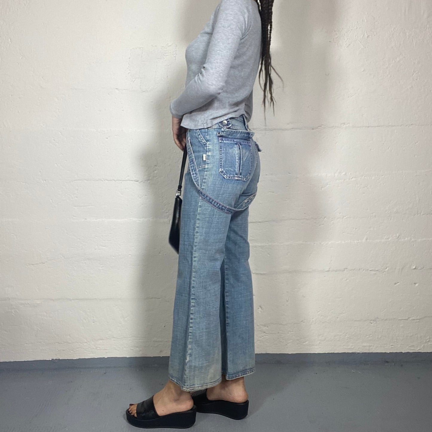 Vintage 2000s Classic Black Denim Flared Pants with Big Pockets Detail (M)