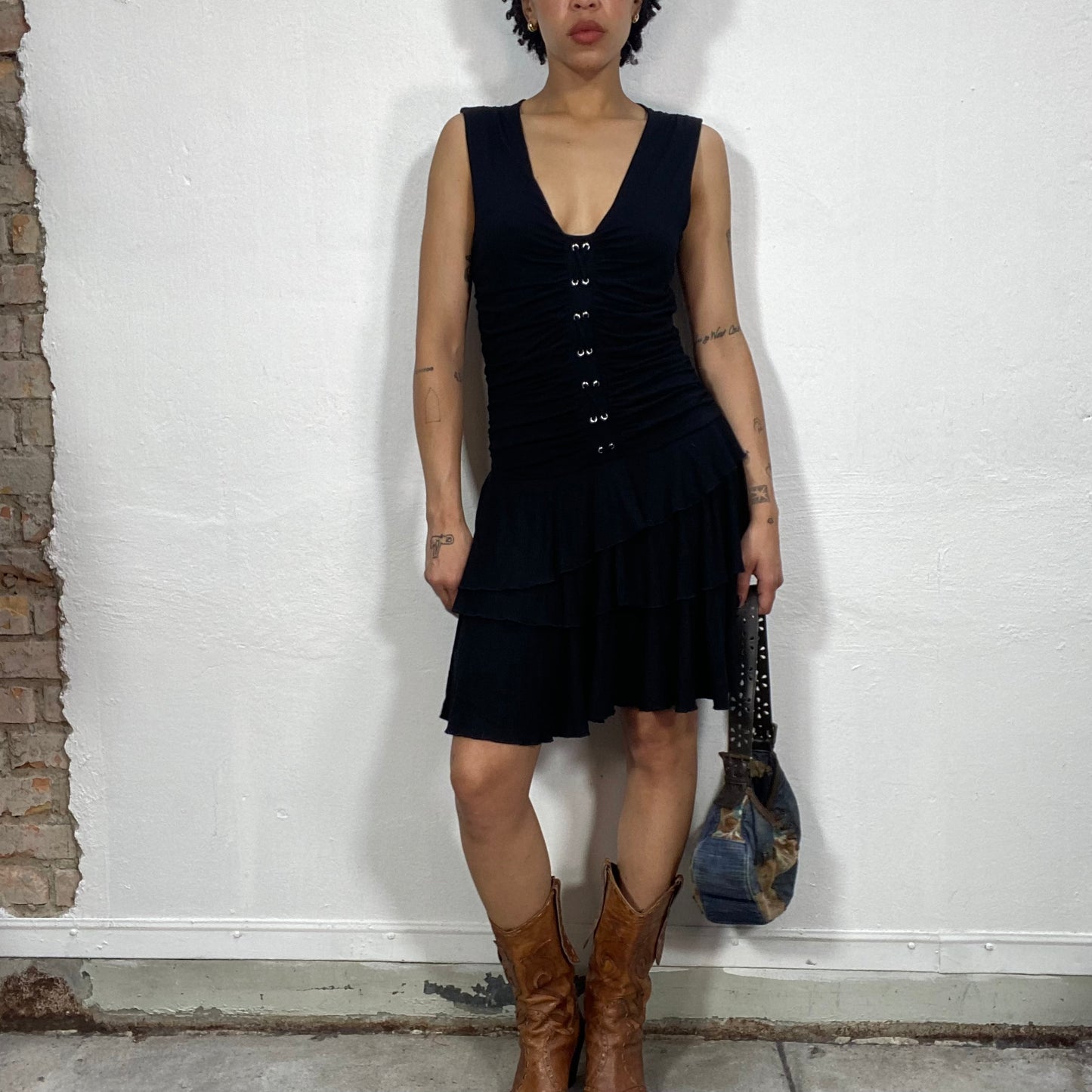 Vintage 2000's Morgan Punky Black Midi Dress with Layered Bottom and Lace Up Detail (S/M)