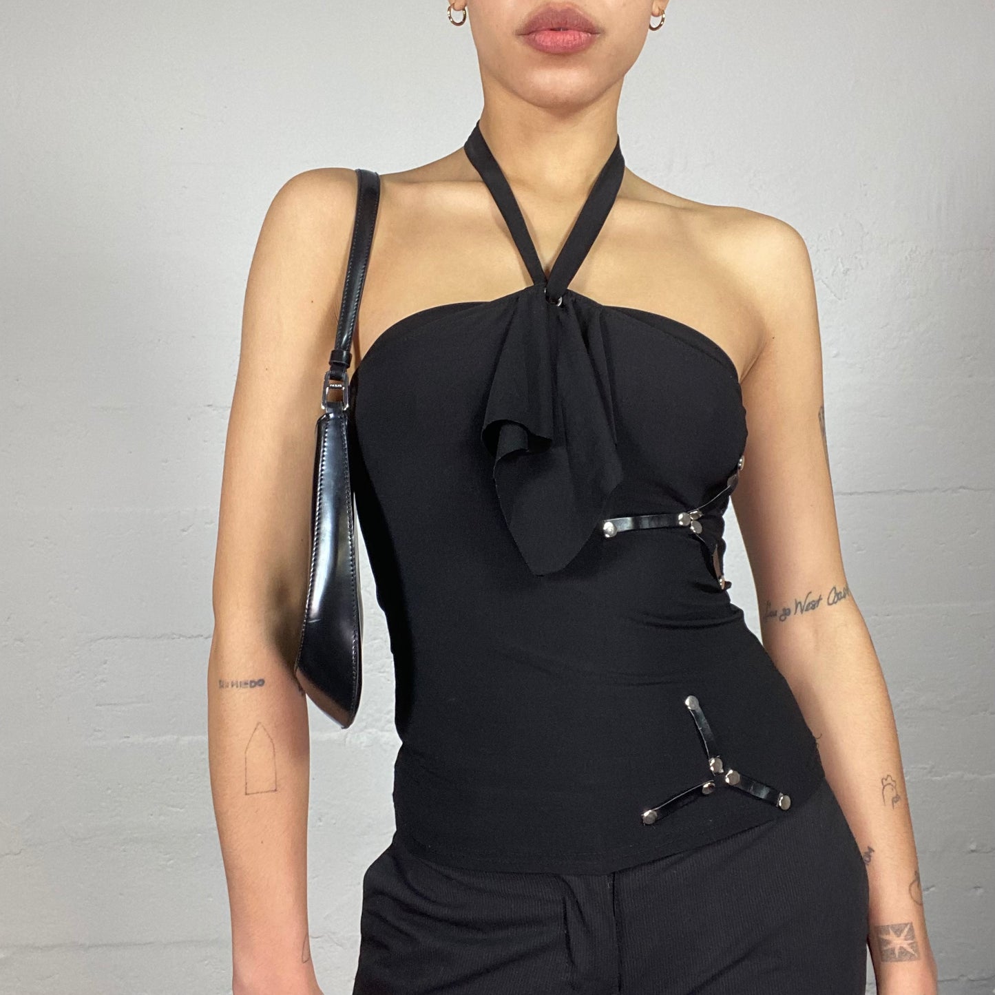 Vintage 2000's Clubwear Black Neckholder Top with Frilled Collar and Faux Leather Decorative Motives (S)