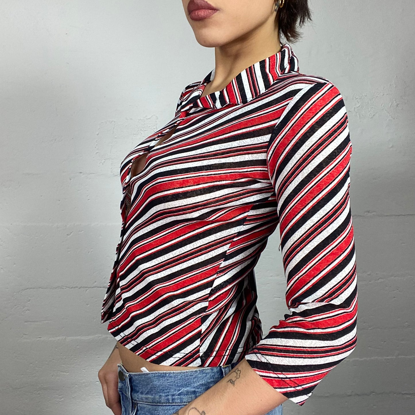 Vintage 2000's Downtown Girl Longsleeve Button Up Top with Red, Black & White Stripes Print (S)