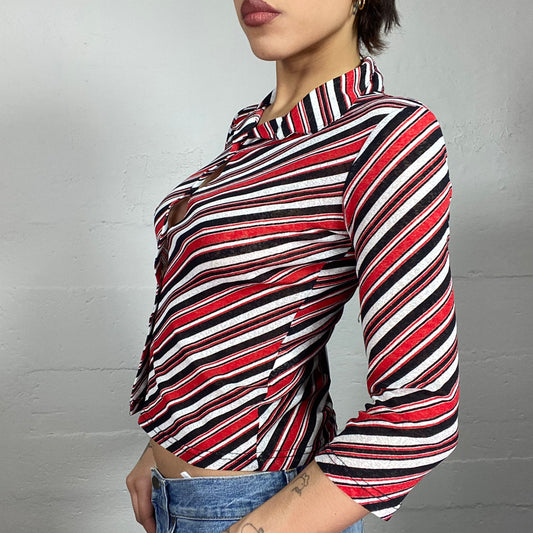 Vintage 2000's Downtown Girl Longsleeve Button Up Top with Red, Black & White Stripes Print (S)