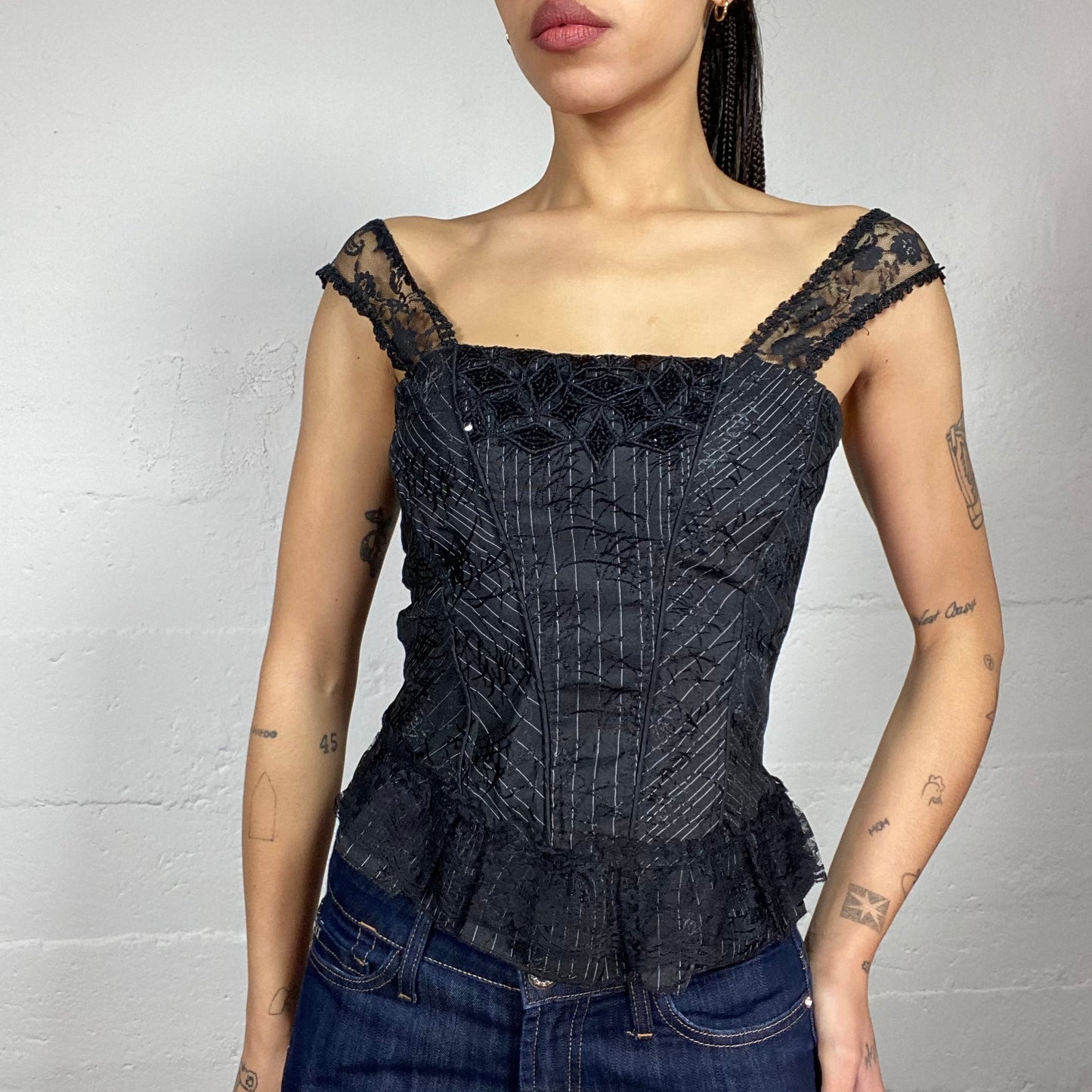 Vintage 90's Whimsgoth Girl Black Corset Top with Mixed Embroidery Material Detail (S)