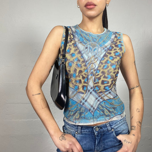 Vintage 90's Janice Blue Corset Top with Mixed Cheetah and Checkered Print (M)