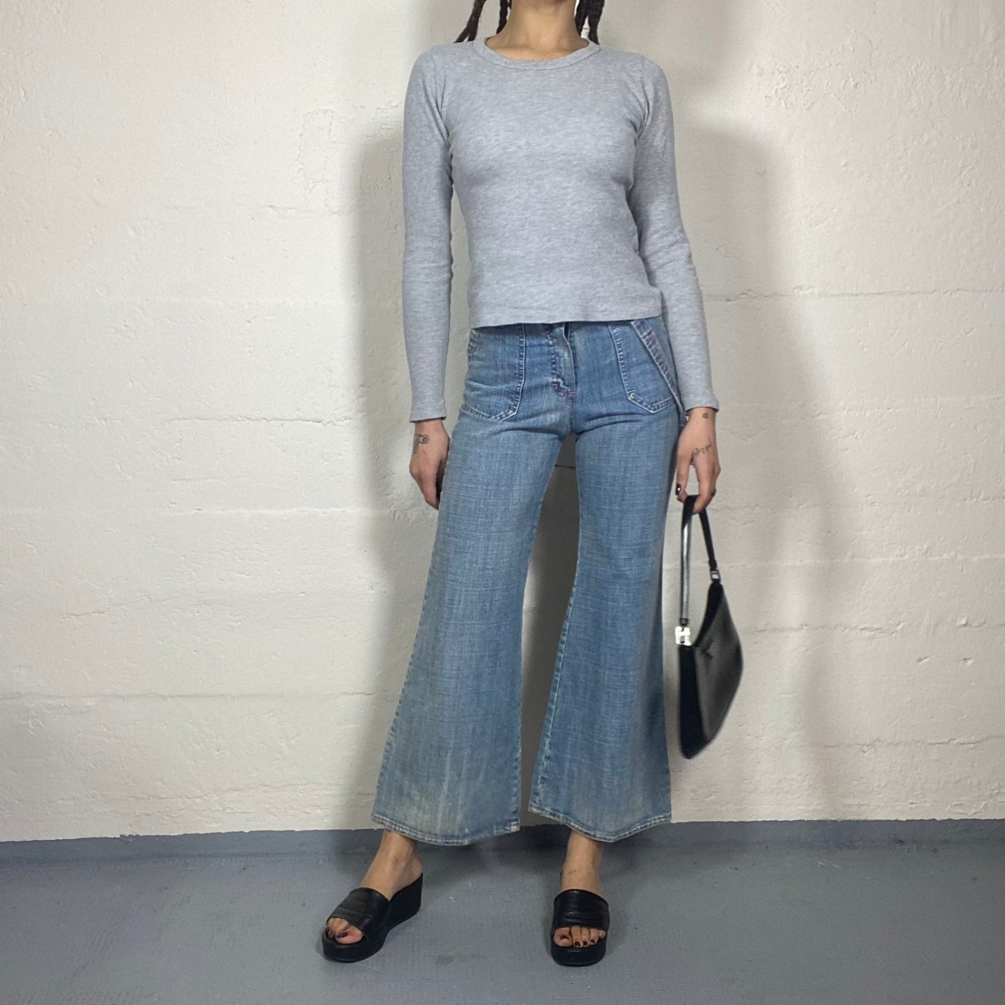 Vintage 2000s Classic Black Denim Flared Pants with Big Pockets Detail (M)