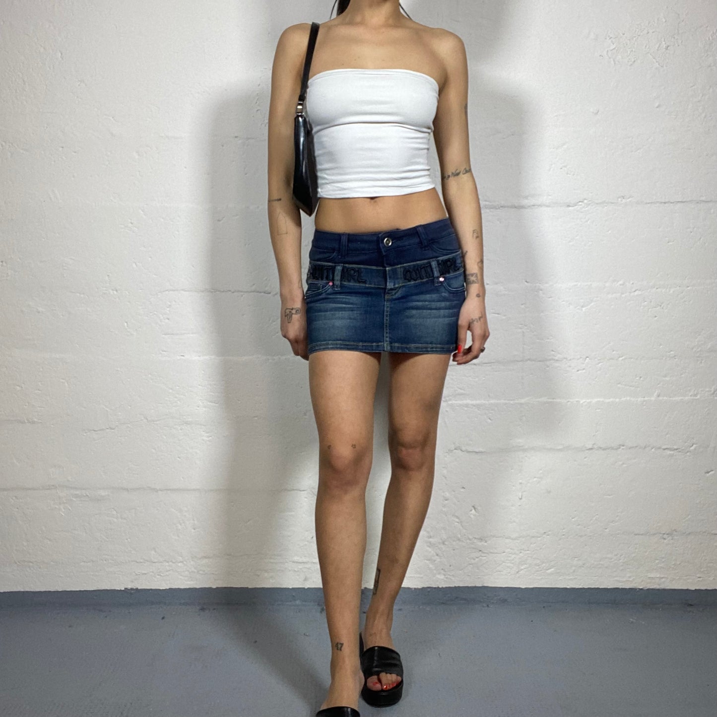 Vintage 2000's Rave Girl Dark Denim Mini Skirt with Double Part Layer Detail (S/M)