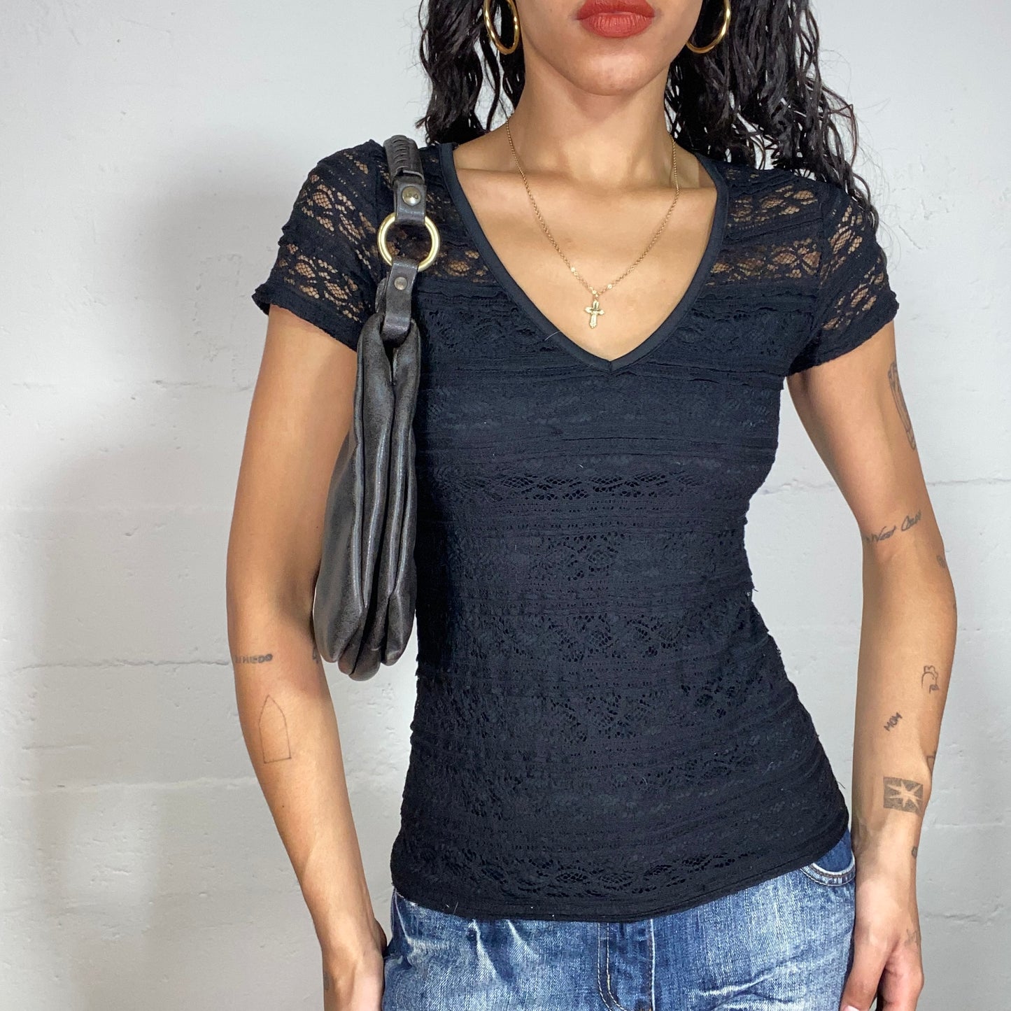 Vintage 2000's Morgan Black Soft Girl Black Top with Mesh Decorative Back (S)