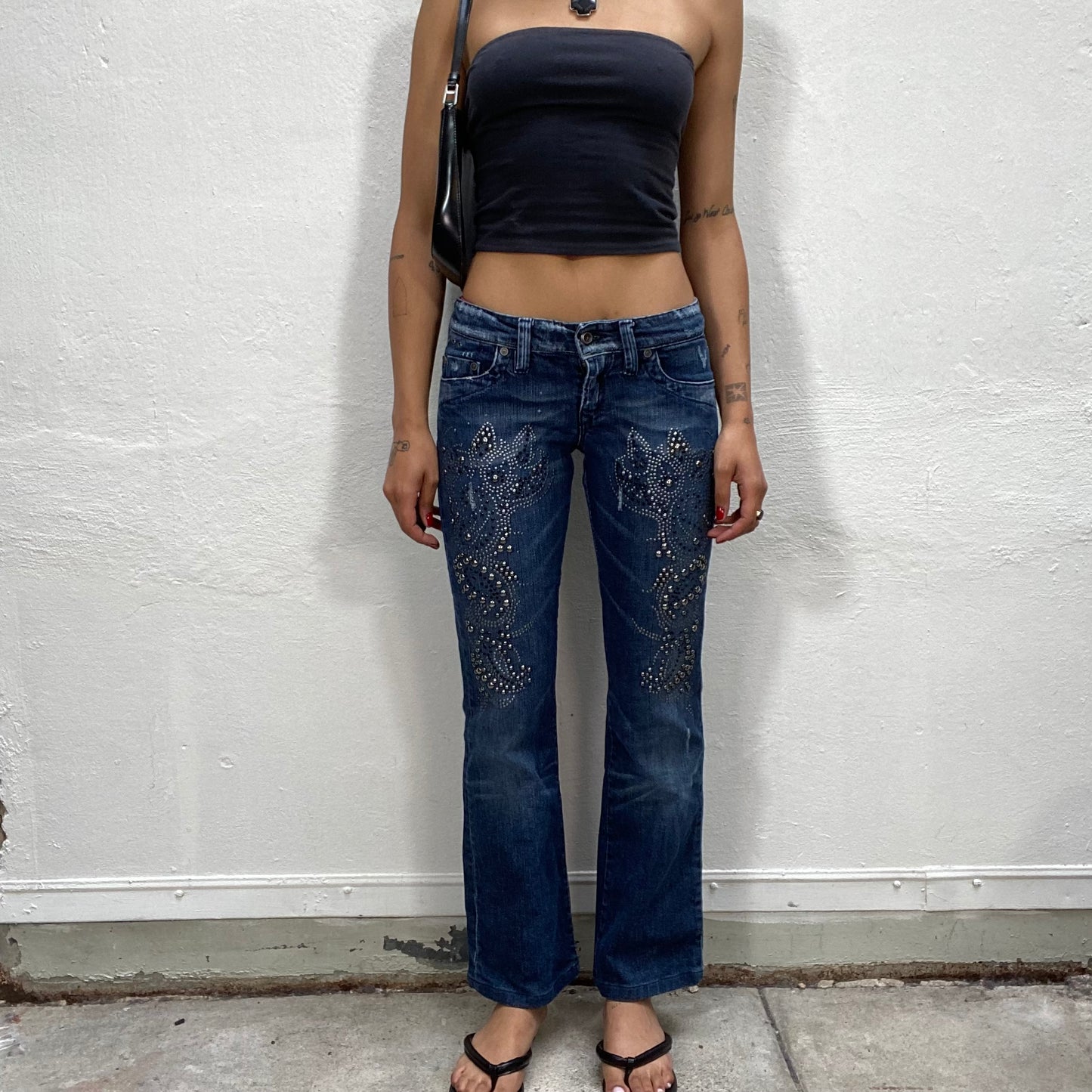 Vintage 2000's City Girl Dark Wash Straight Leg Jeans with Silver and Black Stud Detail (S)