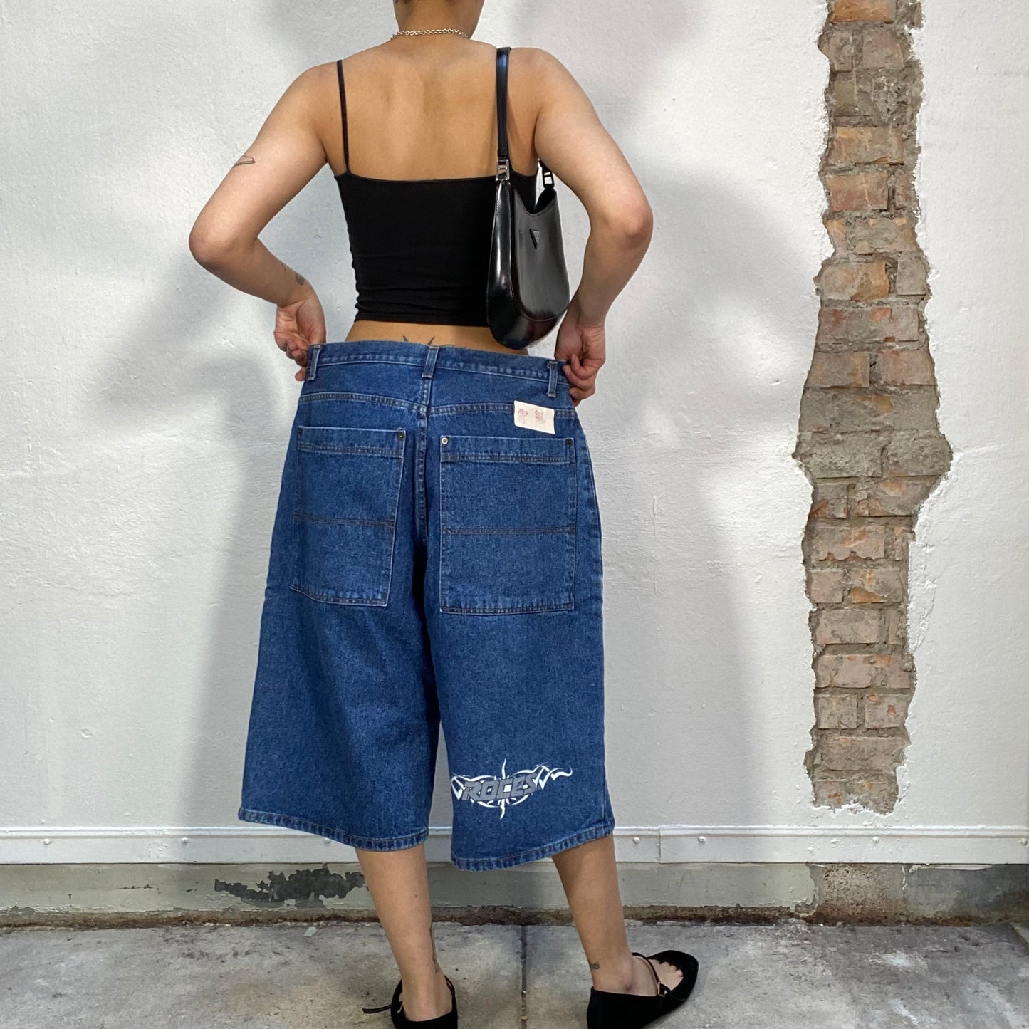 Vintage 90's Streetstyle Dark Wash Jeans Shorts with Small Tribal Print (L/XL)