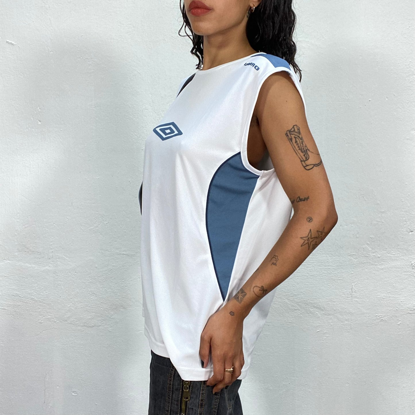 Vintage 90's Umbro Sporty White Sleevles Top with Blue Logo Print (M/L)