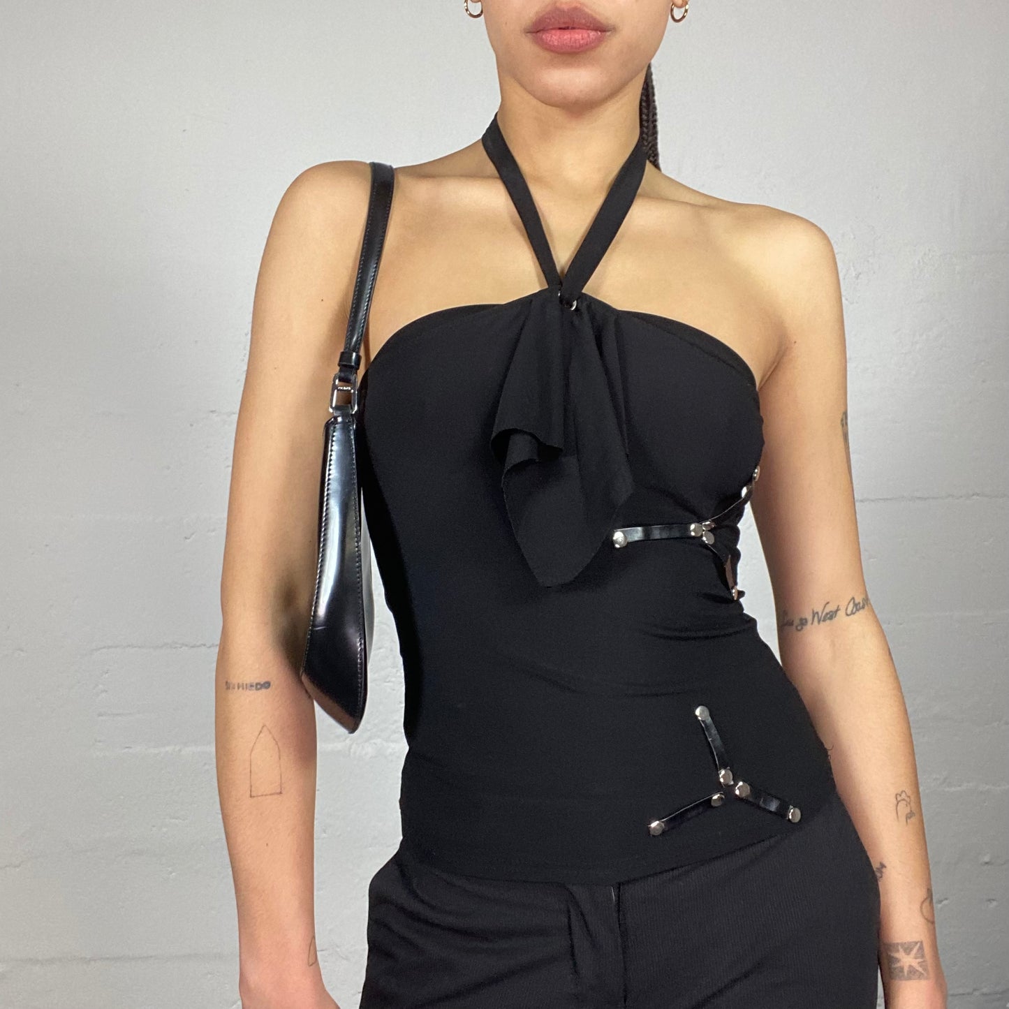 Vintage 2000's Clubwear Black Neckholder Top with Frilled Collar and Faux Leather Decorative Motives (S)