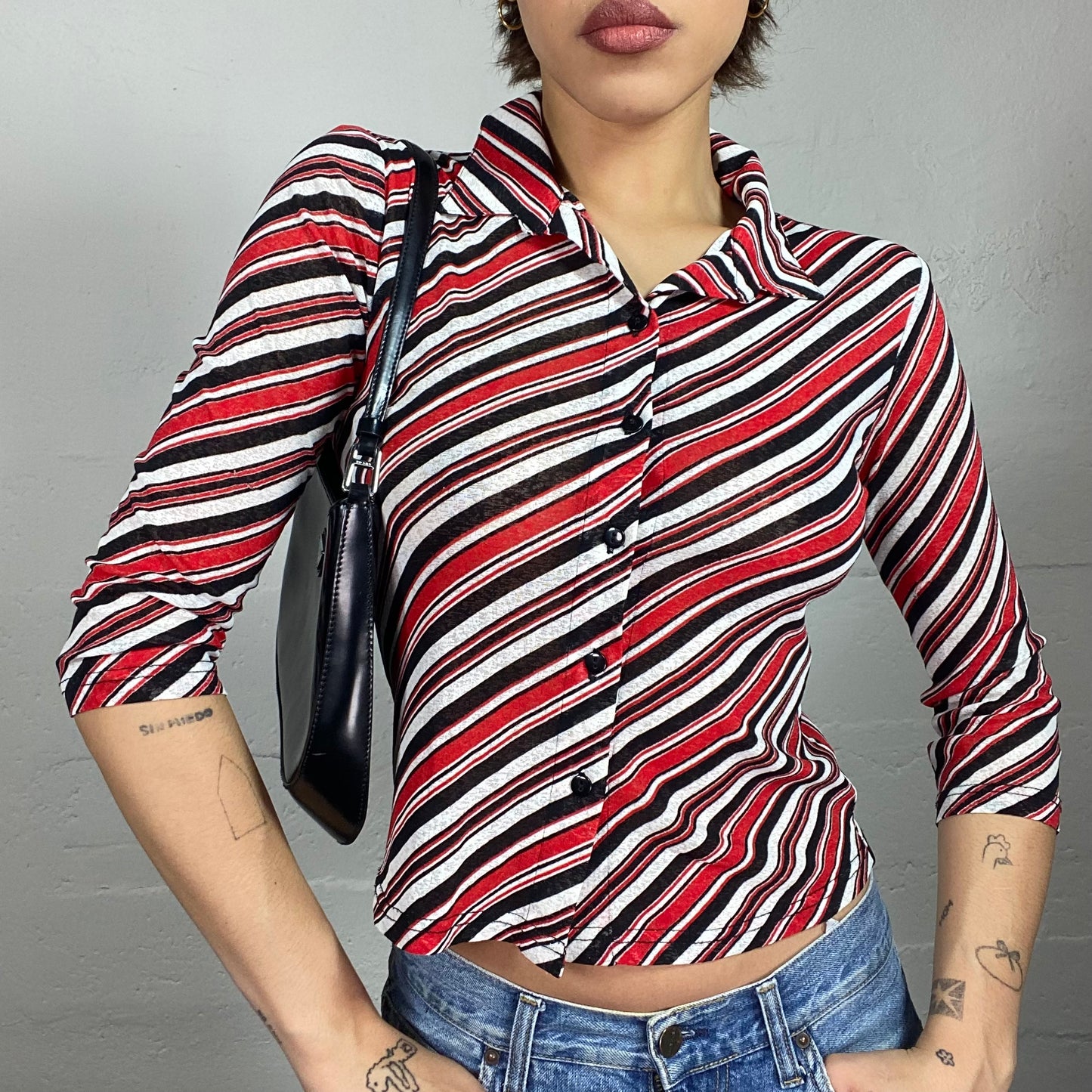 Vintage 2000's Downtown Girl Longsleeve Button Up Top with Red, Black & White Stripes Print (S)