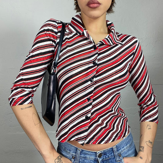 Vintage 2000's Downtown Girl Longsleeve Button Up Top with Red, Black & White Stripes Print (S)