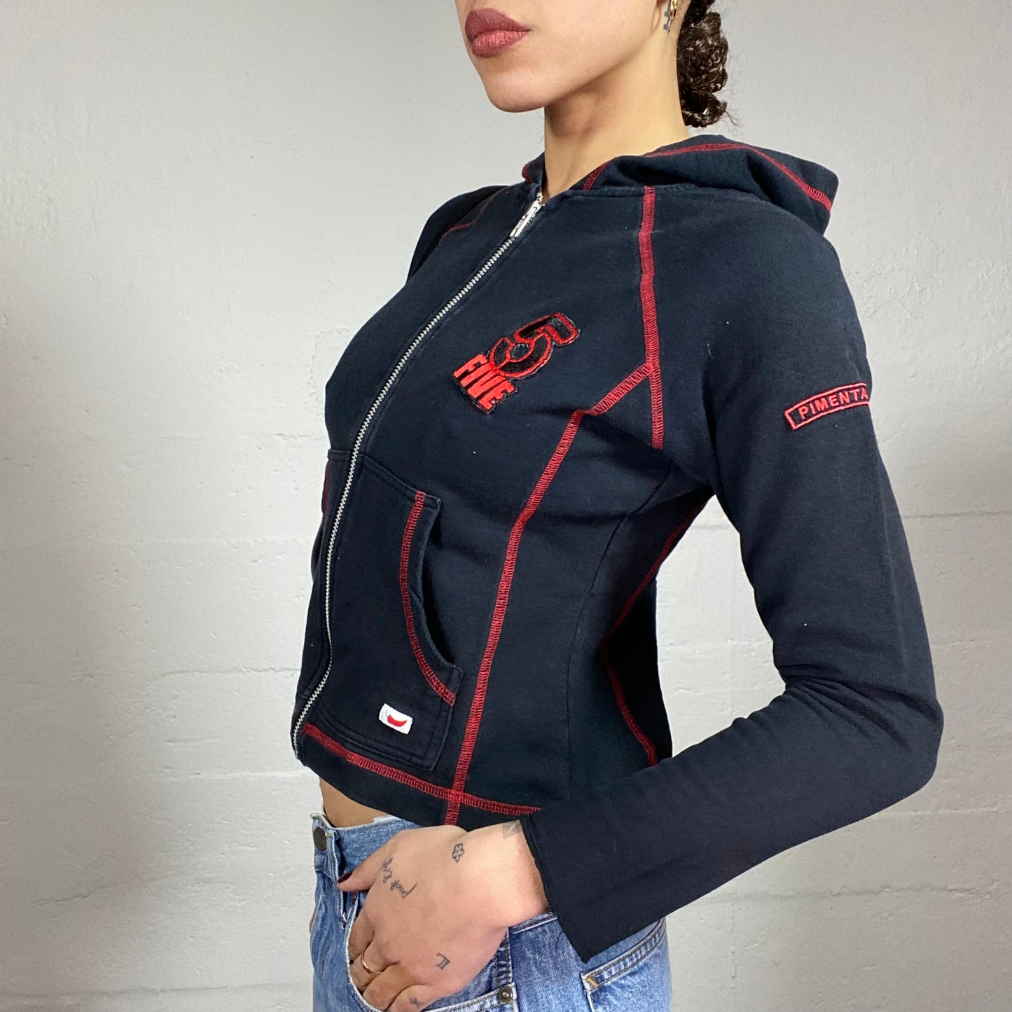 Vintage 2000's Downtown Girl Black Zip Up Jacket with Red Patches & Visible Seam Detail (S)