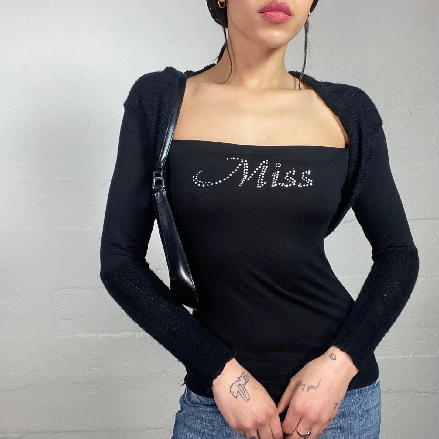 Vintage 2000's Guido Black Layered Longsleeve Top with 'Miss' Strass Print (S)