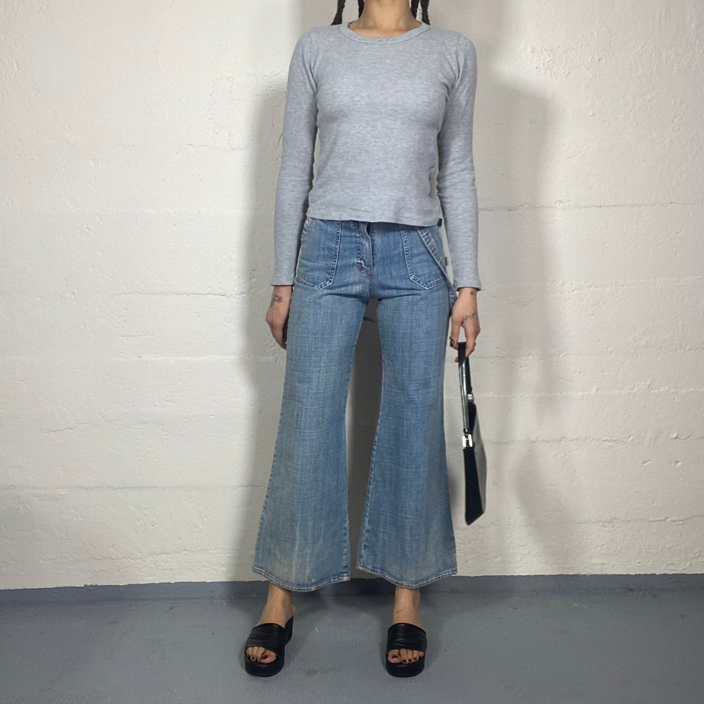 Vintage 2000s Classic Black Denim Flared Pants with Big Pockets Detail (M)