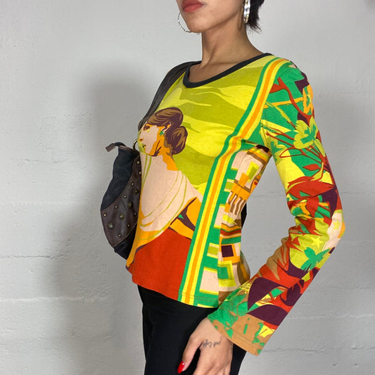 Vintage 90's Psychedelic Longsleeve Top with Woman Portrait Print (S/M)