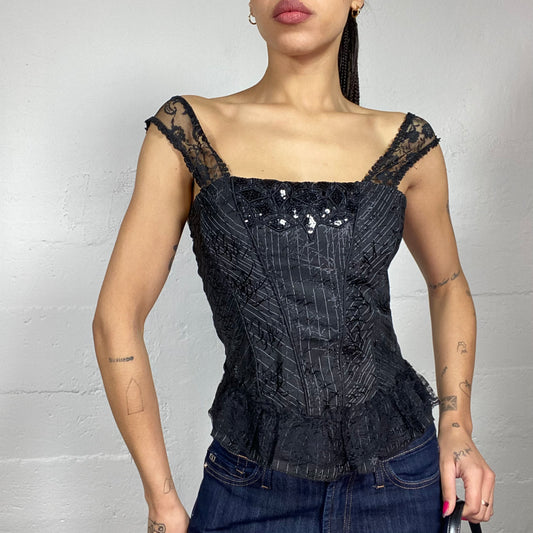 Vintage 90's Whimsgoth Girl Black Corset Top with Mixed Embroidery Material Detail (S)