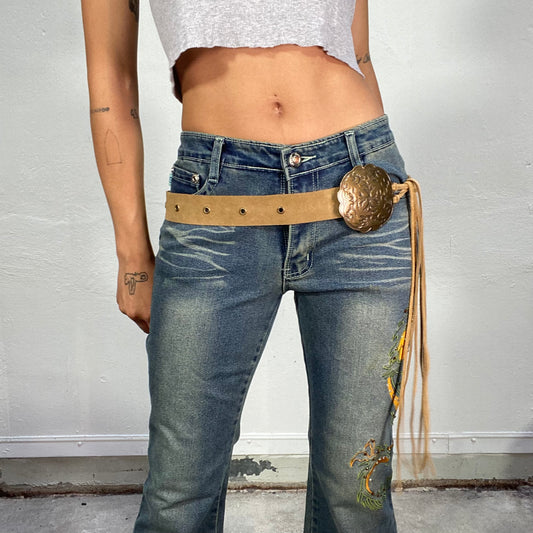 Vintage 2000's Cow-Girl Brown Leather Thick Belt with Gold Embossed Buckle and Tie Detail