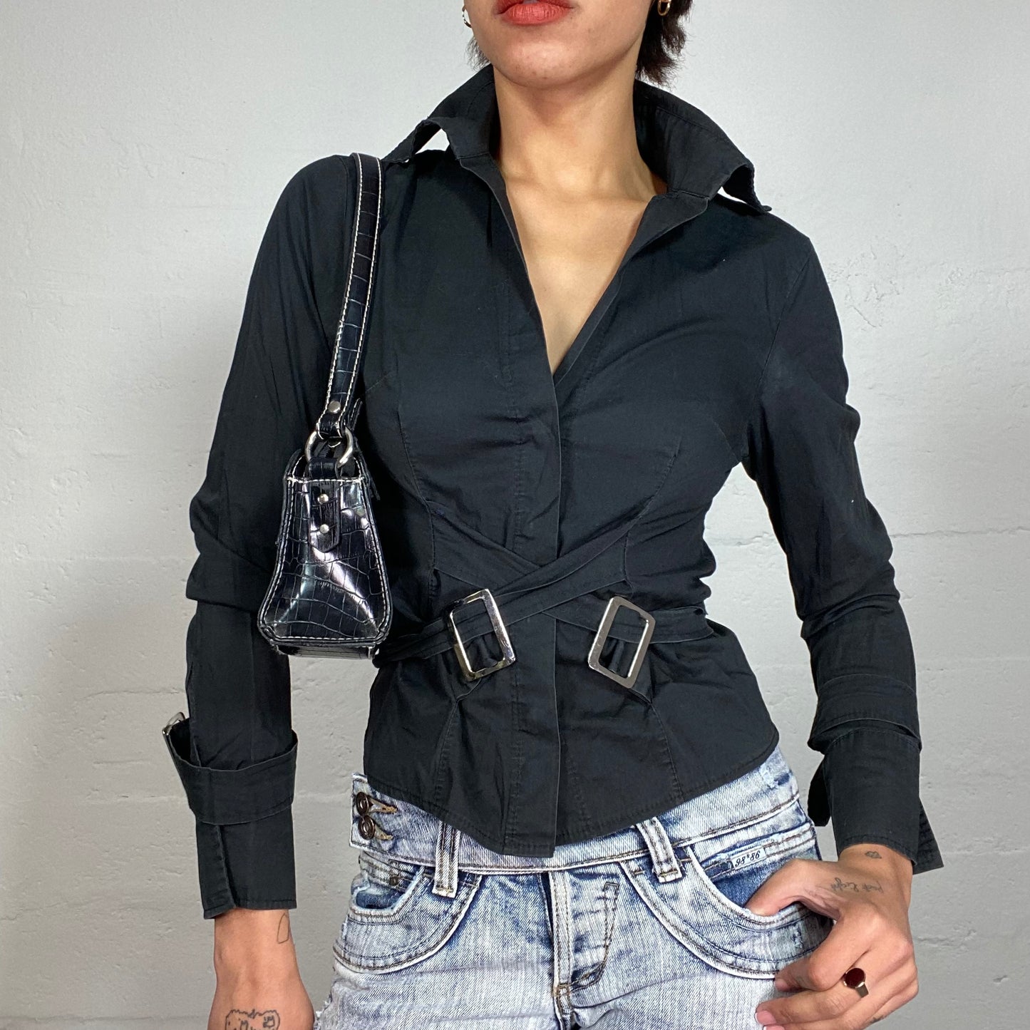 Vintage 2000's Model Off Duty Black Longsleeve Button Up Shirt with Crossed Silver Buckle Detail (S)