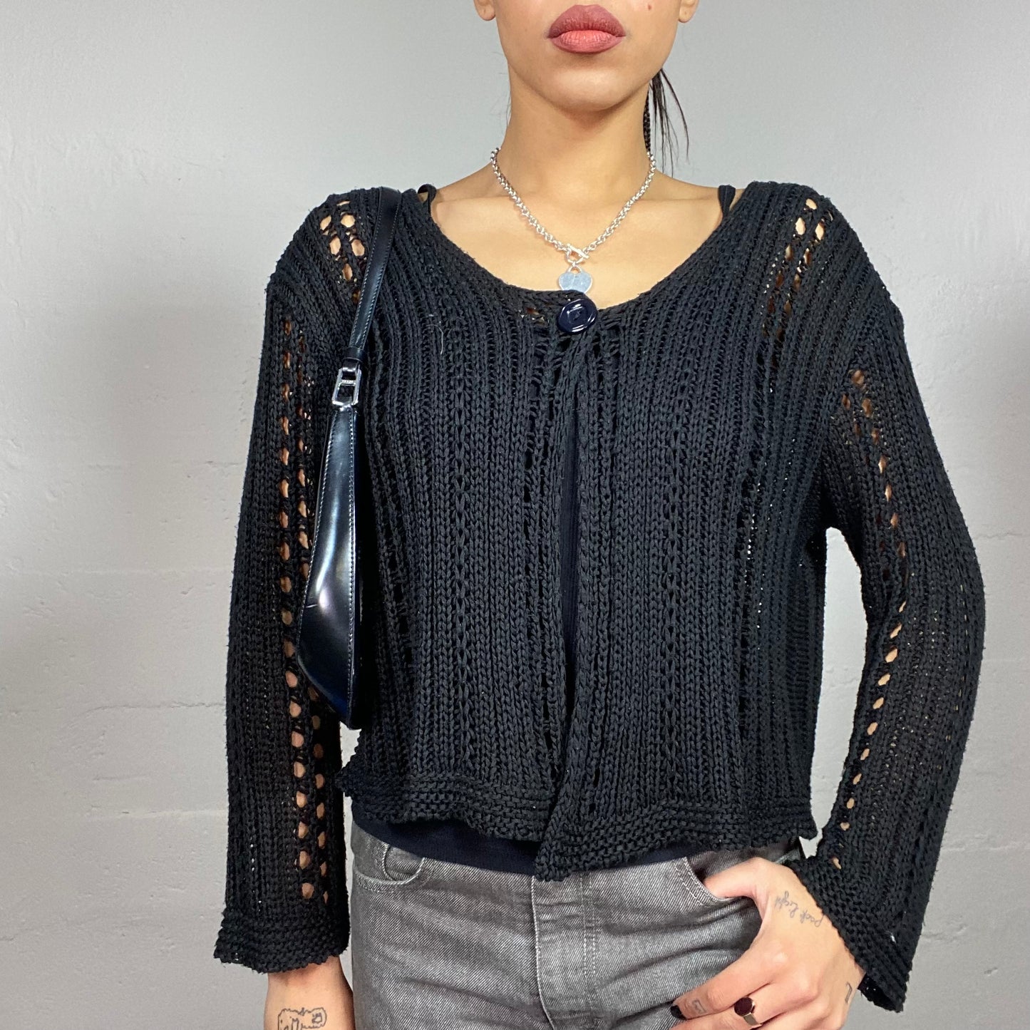 Vintage 90's Classic Black Cardigan Knit with Button Detail (S)