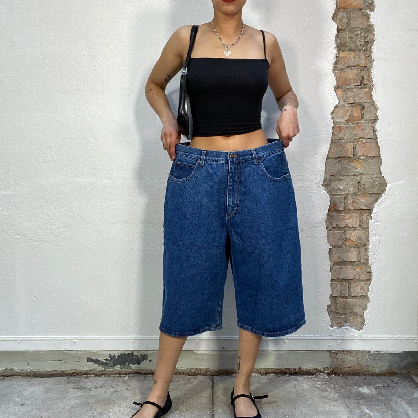 Vintage 90's Streetstyle Dark Wash Jeans Shorts with Small Tribal Print (L/XL)