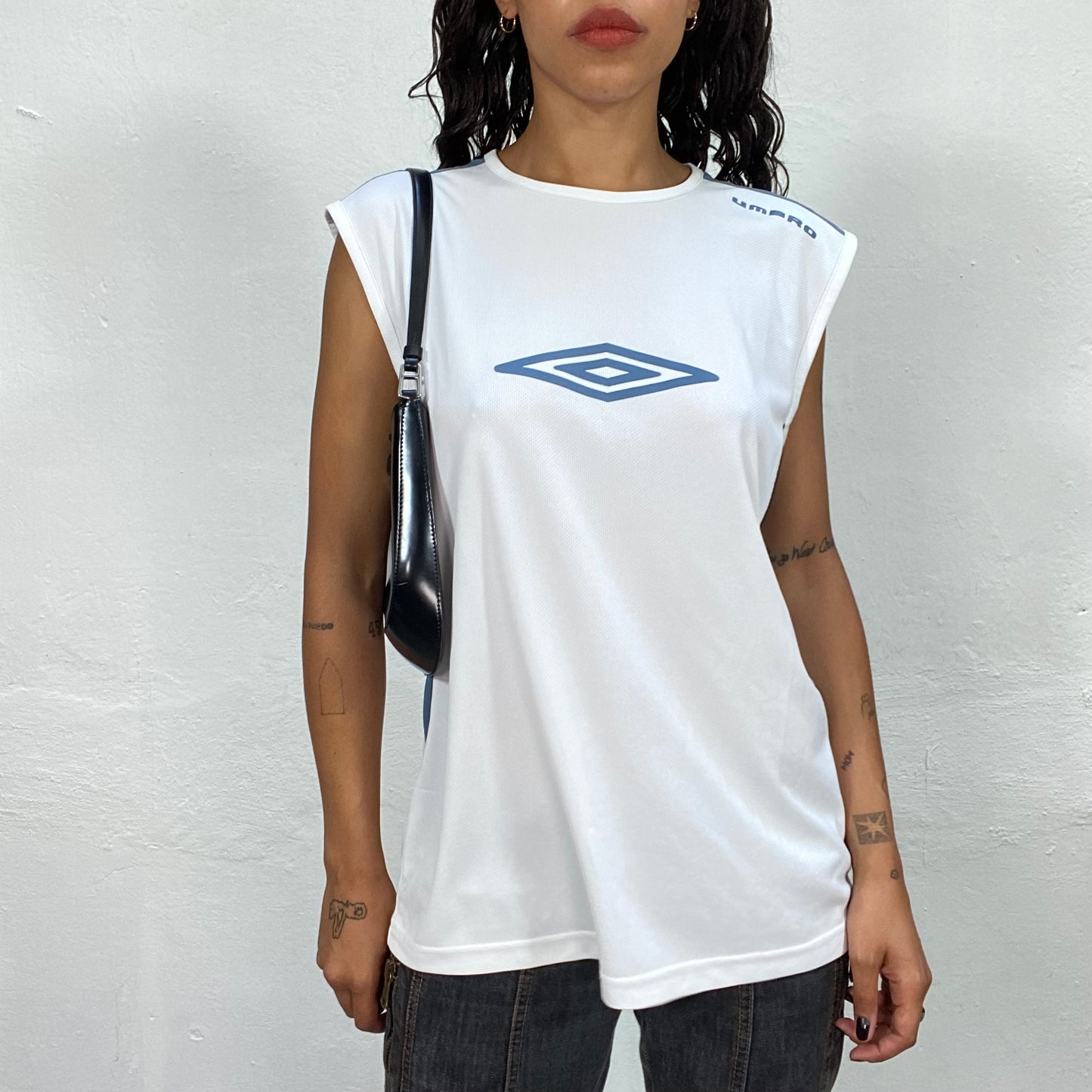 Vintage 90's Umbro Sporty White Sleevles Top with Blue Logo Print (M/L)