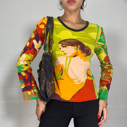 Vintage 90's Psychedelic Longsleeve Top with Woman Portrait Print (S/M)