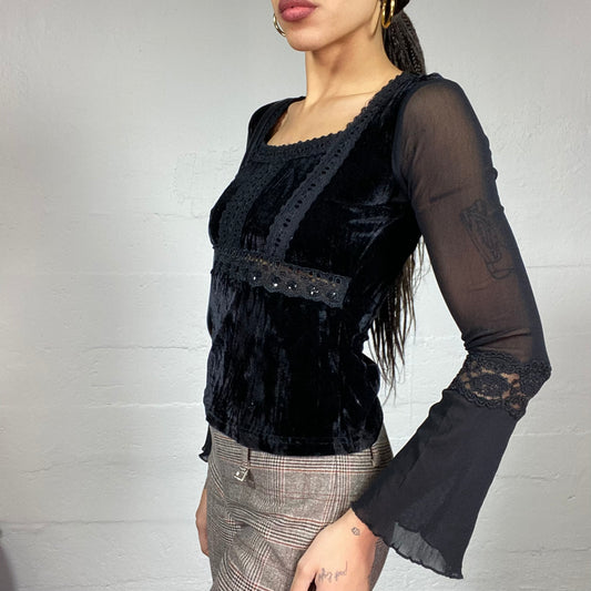 Vintage 2000's Vampy Black Velours Top with Mesh Longsleeves Detail (S/M)