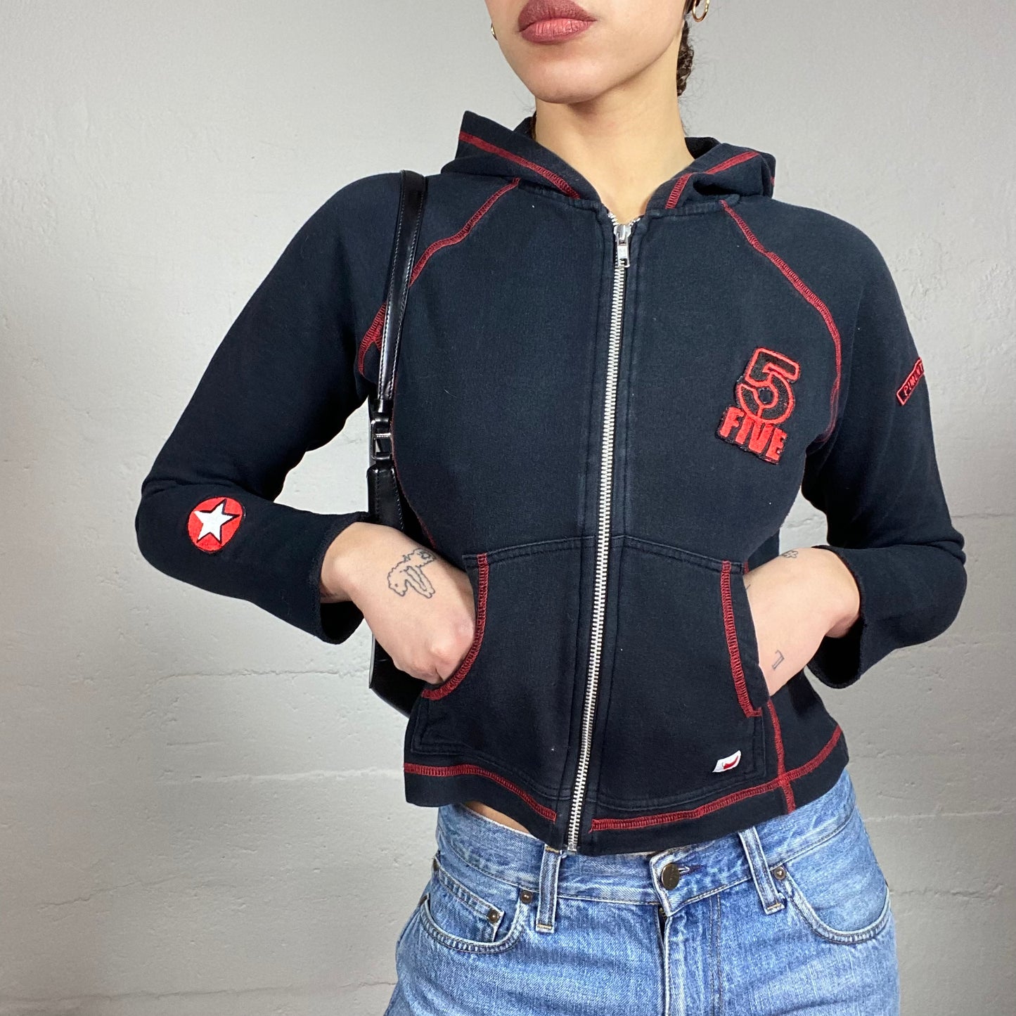 Vintage 2000's Downtown Girl Black Zip Up Jacket with Red Patches & Visible Seam Detail (S)
