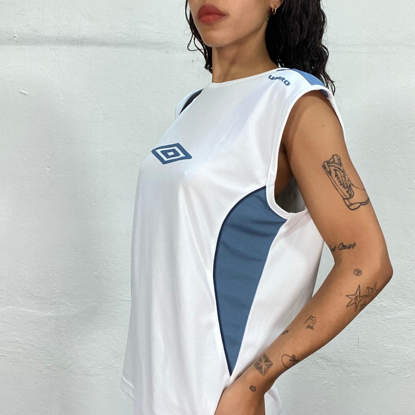 Vintage 90's Umbro Sporty White Sleevles Top with Blue Logo Print (M/L)