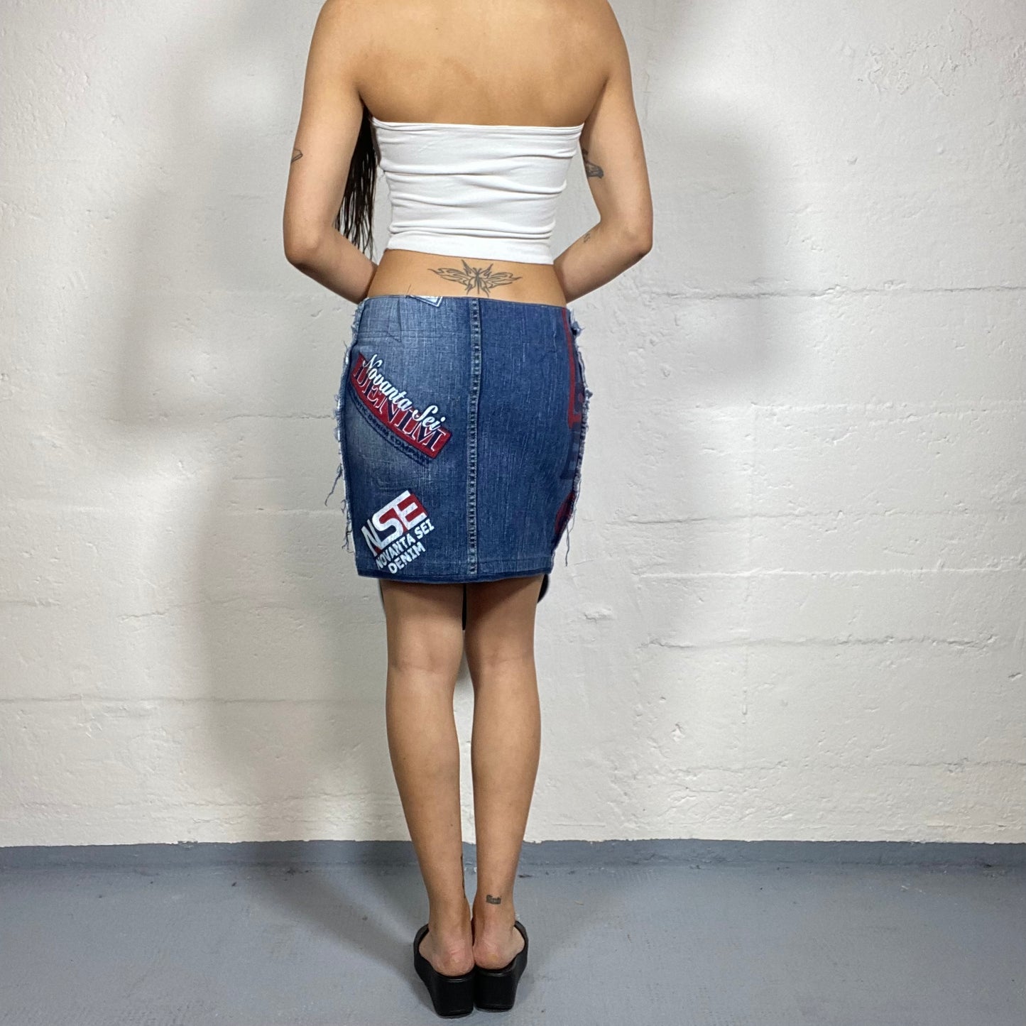 Vintage 2000's Rave Girl Denim Mini Skirt with Stamped Print Detail (S/M)