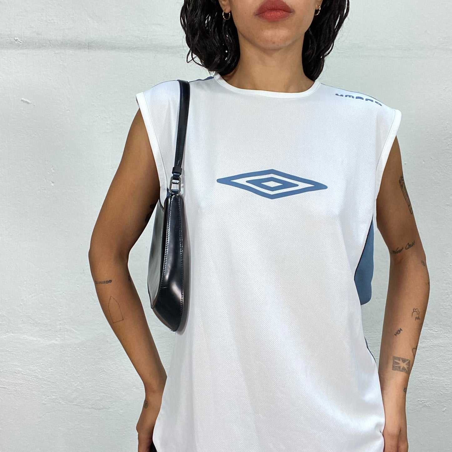 Vintage 90's Umbro Sporty White Sleevles Top with Blue Logo Print (M/L)