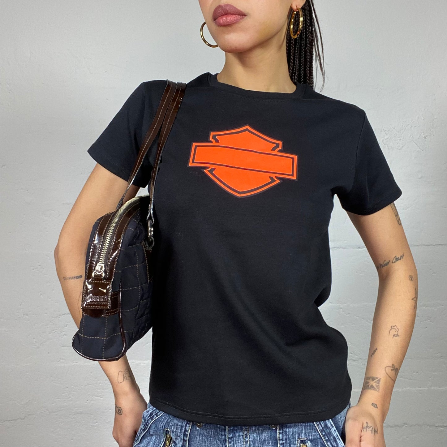 Vintage 2000's Harley Davidson Sleaze Black Oversized Tee with Orange Print (M/L)