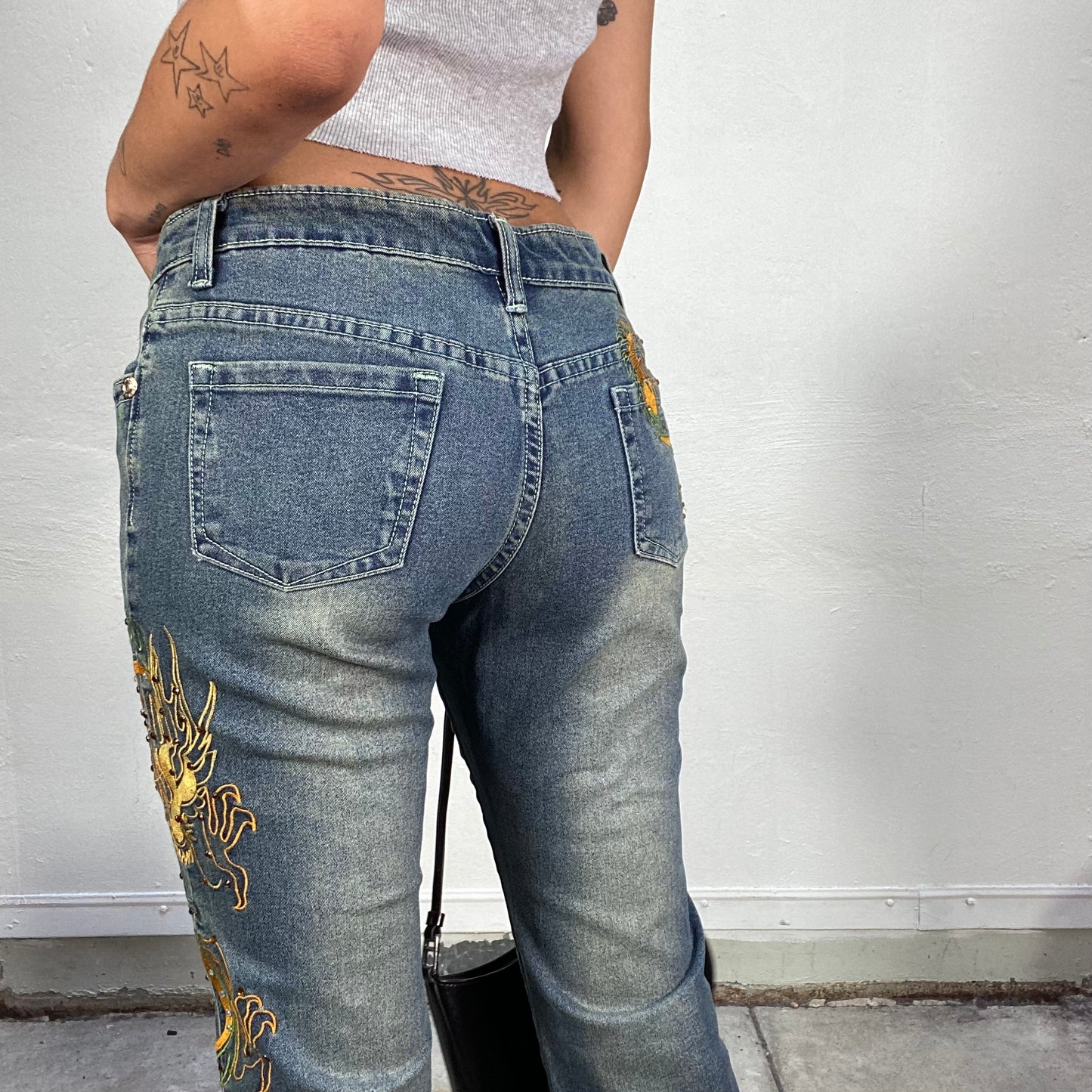 Vintage 2000's Archive Low Waist Jeans with Yellow Dragon Embroidery (S)