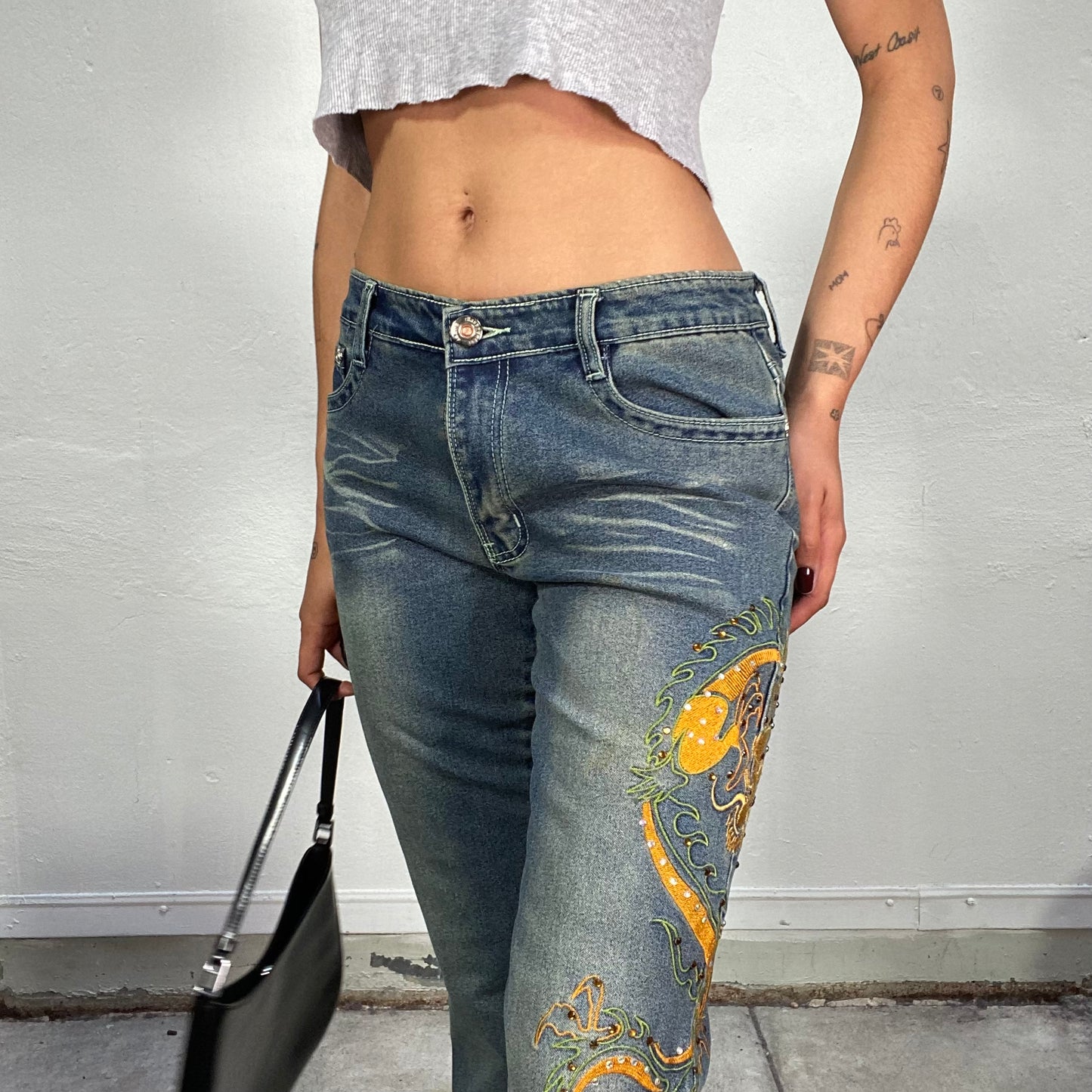 Vintage 2000's Archive Low Waist Jeans with Yellow Dragon Embroidery (S)