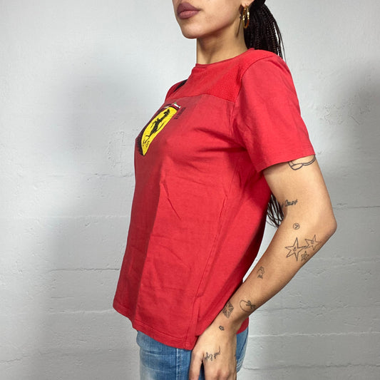 Vintage 2000's Ferrari Sporty Red Oversized Tee with Big Yellow Brand Logo Print (M)