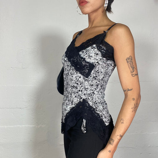Vintage 2000's Downtown Girl Black Floral Top with Lace Trim Detail (S)