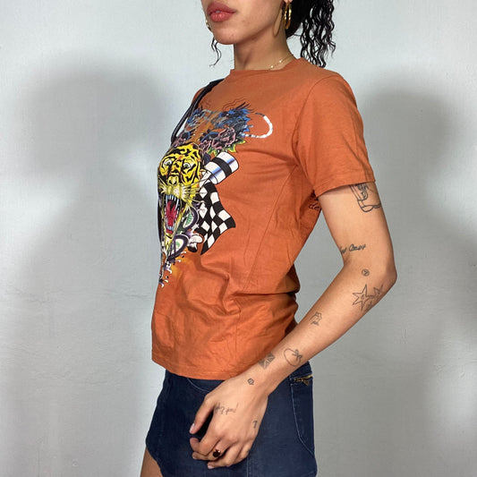 Vintage 2000's Ed Hardy Vibrant Orange Tee with Fierce Tiger Graphic (S)